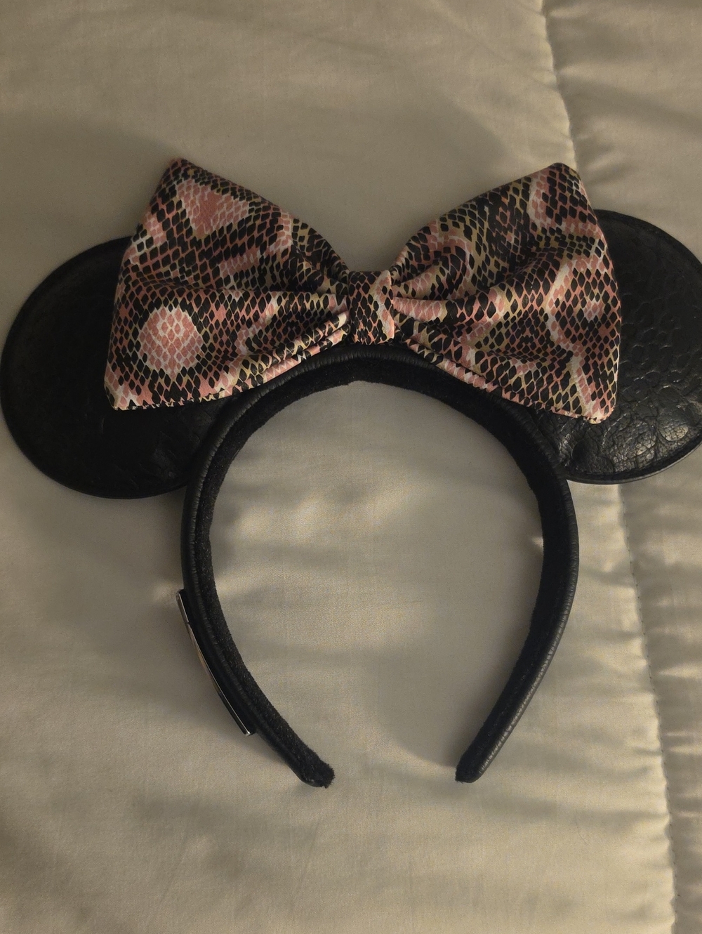 Black Minnie Ear Headband with Pink Snake-Print Bow